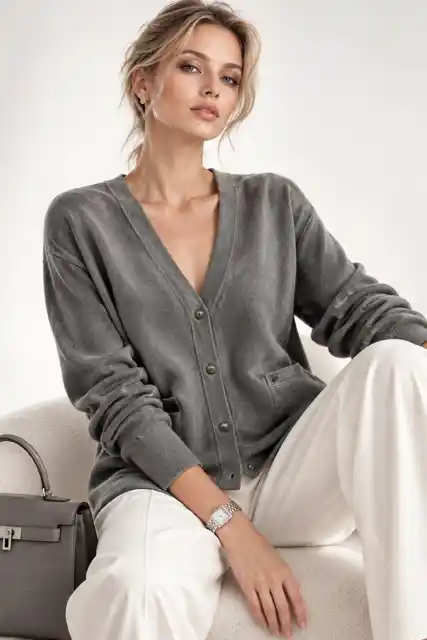 Dark gray cardigan on professional model
